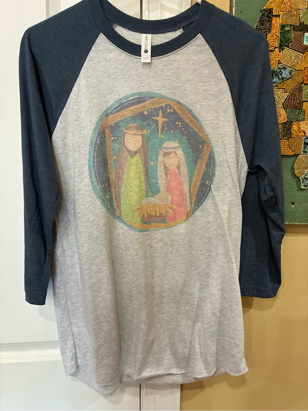 Next Level Apparel Raglan Nativity Tee - Navy Sleeves, Light Gray Body